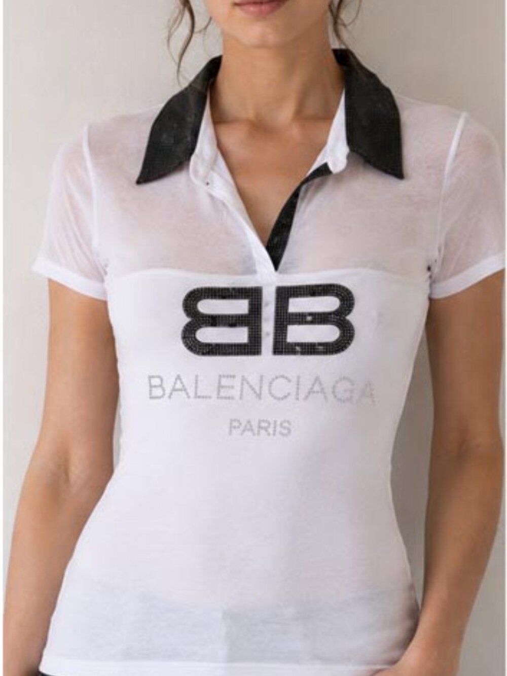 White Mesh Panel Polo Top with Rhinestone Logo & Metallic Collar